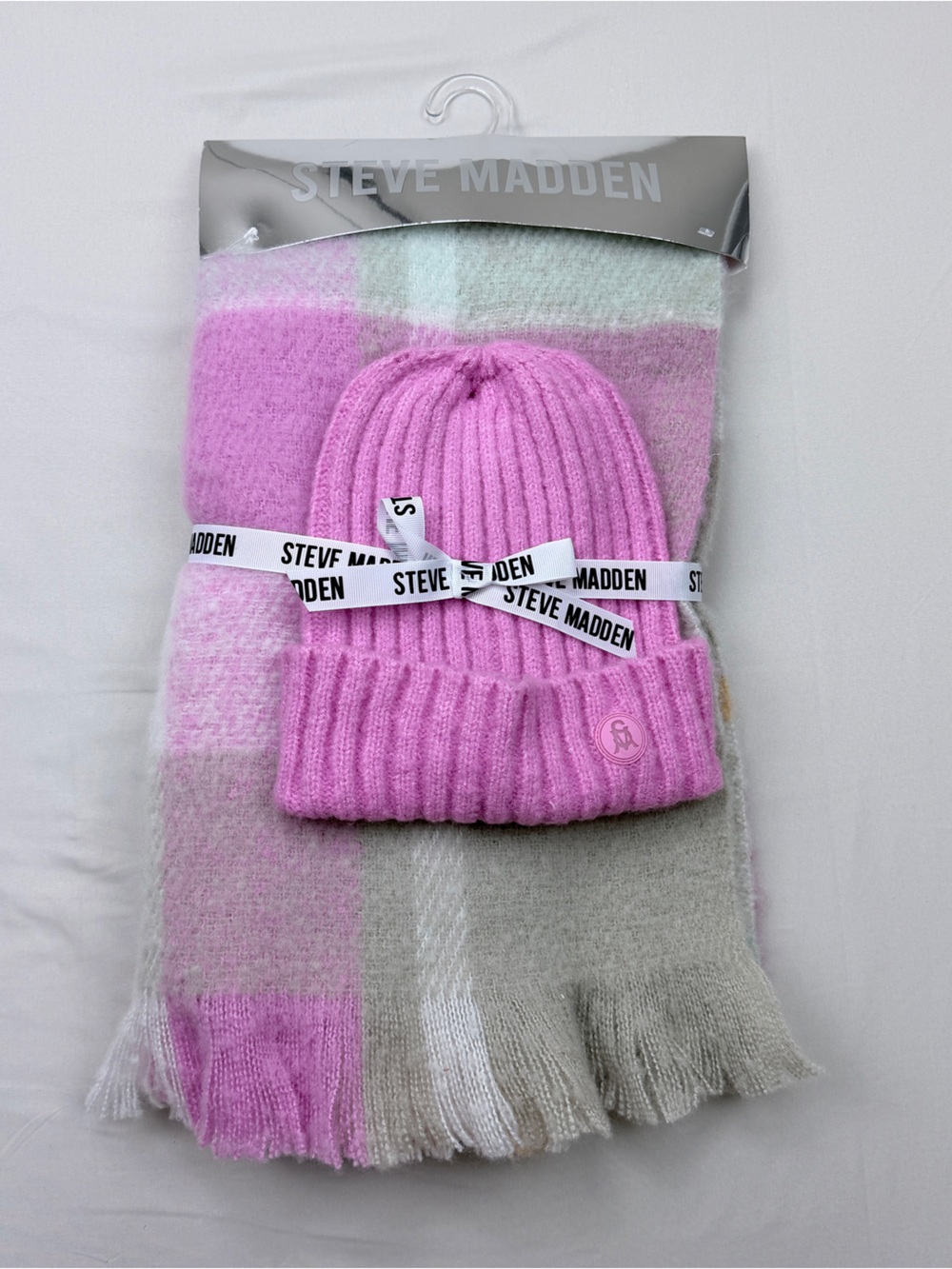 Steve Madden Pink & Gray Knit Hat and Plaid Scarf Set